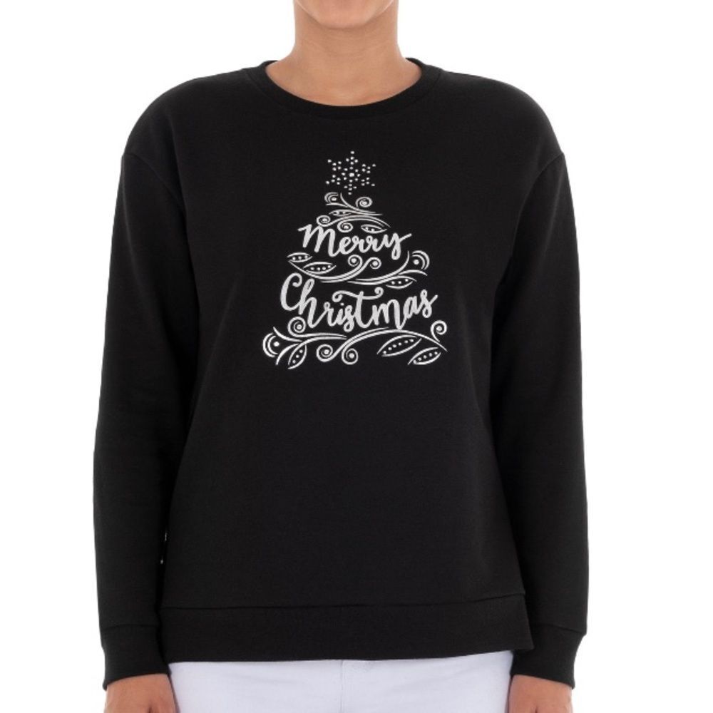 NWT Women’s Black Merry Christmas Holiday Tree Sweatshirt Size Large (12/14)